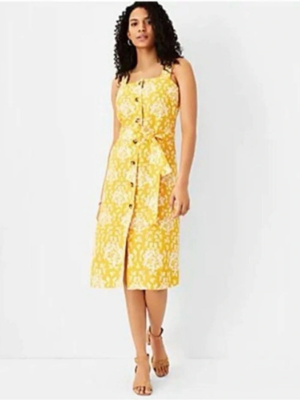 Ann Taylor Belted Yellow Floral Front Button Dress (4) - Picture 2 of 7